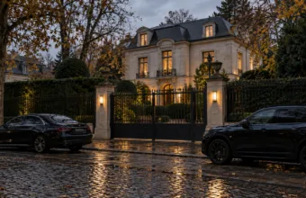 Willa za ogrodzeniem w dzielnicy Uccle w Brukseli, przed bramą zaparkowane ciemne samochody