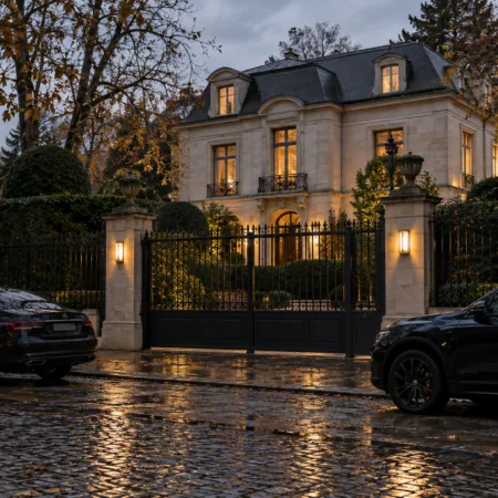Willa za ogrodzeniem w dzielnicy Uccle w Brukseli, przed bramą zaparkowane ciemne samochody