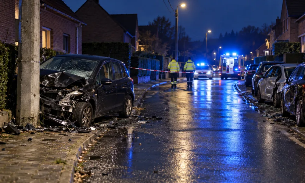 Rozbity samochód przy słupie energetycznym i uszkodzone zaparkowane auta na ulicy we Flandrii nocą (wizualizacja SI)