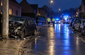 Rozbity samochód przy słupie energetycznym i uszkodzone zaparkowane auta na ulicy we Flandrii nocą (wizualizacja SI)