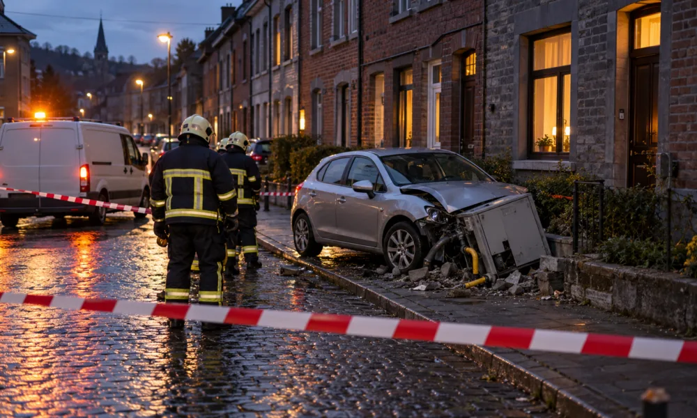 Strażacy przy uszkodzonej szafce gazowej na ulicy w Walonii wieczorem (wizualizacja SI)