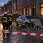 Strażacy przy uszkodzonej szafce gazowej na ulicy w Walonii wieczorem (wizualizacja SI)