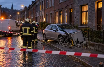 Strażacy przy uszkodzonej szafce gazowej na ulicy w Walonii wieczorem (wizualizacja SI)