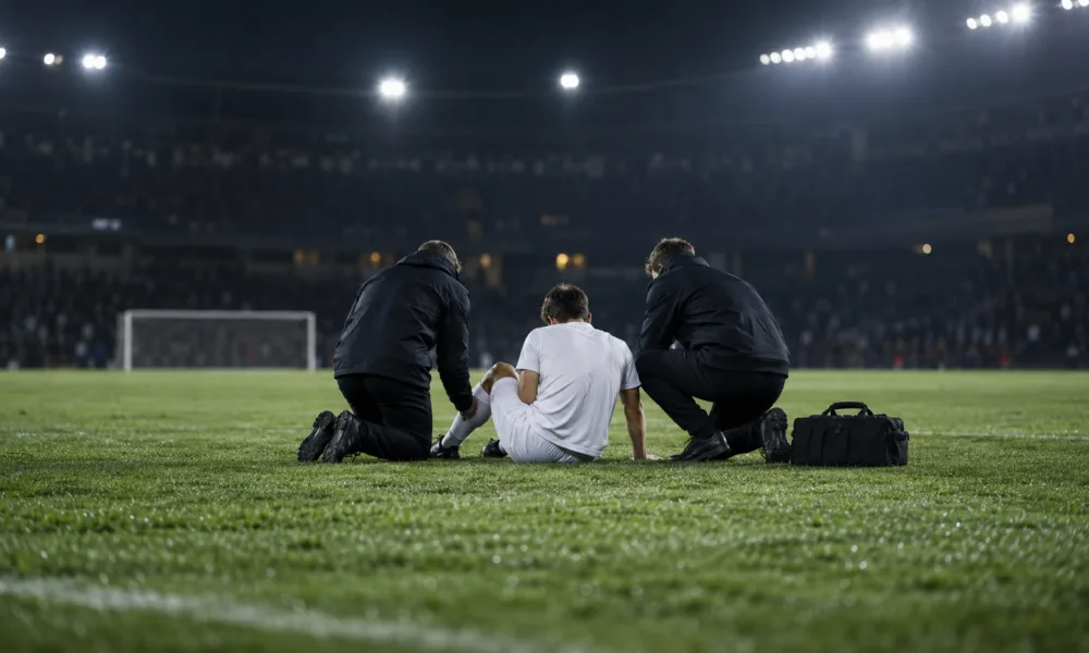 Kontuzjowany piłkarz siedzi na murawie stadionu, obok klęczą lekarze