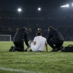 Kontuzjowany piłkarz siedzi na murawie stadionu, obok klęczą lekarze
