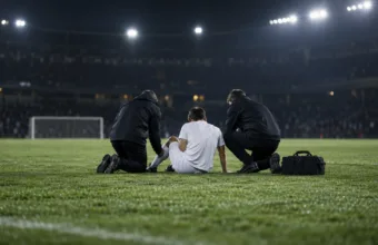 Kontuzjowany piłkarz siedzi na murawie stadionu, obok klęczą lekarze