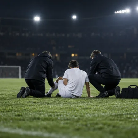 Kontuzjowany piłkarz siedzi na murawie stadionu, obok klęczą lekarze