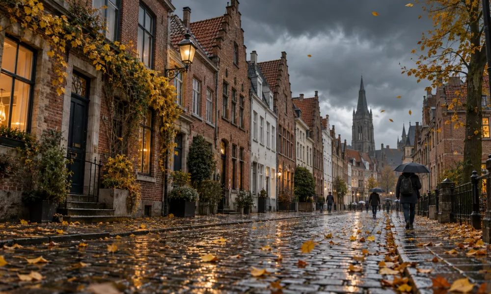 Jesienna ulica belgijskiego miasta po deszczu, ciemne chmury nad kamienicami