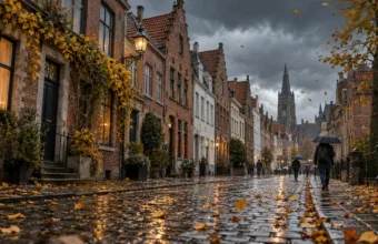 Jesienna ulica belgijskiego miasta po deszczu, ciemne chmury nad kamienicami