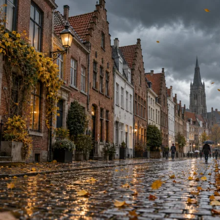 Jesienna ulica belgijskiego miasta po deszczu, ciemne chmury nad kamienicami