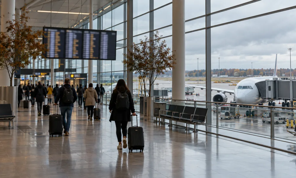 Hala odlotów lotniska z podróżnymi i samolotem za przeszkloną ścianą