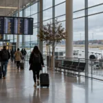 Hala odlotów lotniska z podróżnymi i samolotem za przeszkloną ścianą