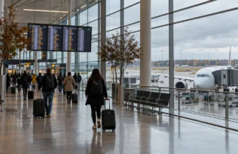 Hala odlotów lotniska z podróżnymi i samolotem za przeszkloną ścianą