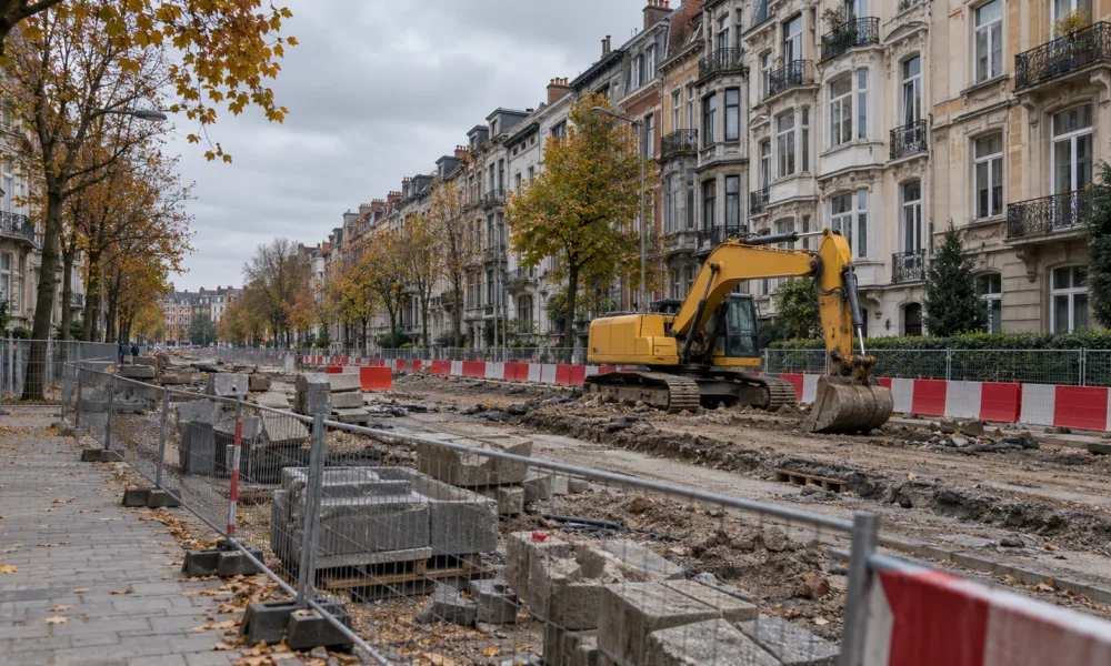 Roboty drogowe na szerokim bulwarze w Schaerbeek, ogrodzenia, bariery i koparka