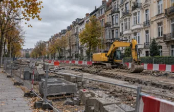 Roboty drogowe na szerokim bulwarze w Schaerbeek, ogrodzenia, bariery i koparka