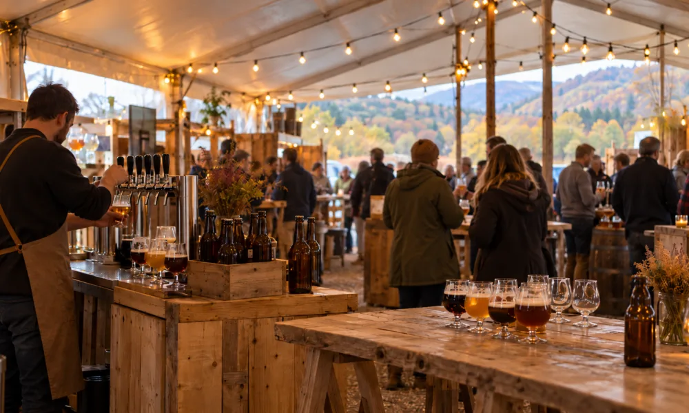Festiwal piwa rzemieślniczego pod namiotem, kieliszki degustacyjne na drewnianym stole (wizualizacja SI)