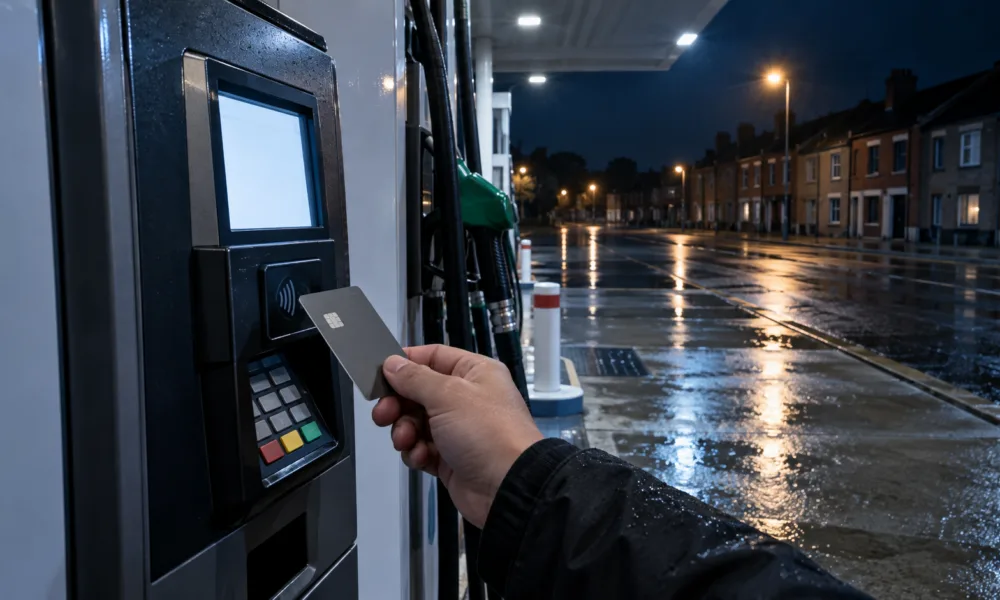 Płatność kartą przy terminalu na stacji paliw nocą