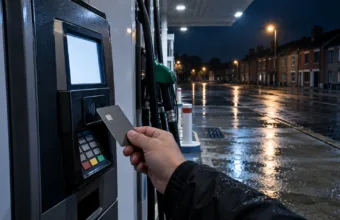 Płatność kartą przy terminalu na stacji paliw nocą