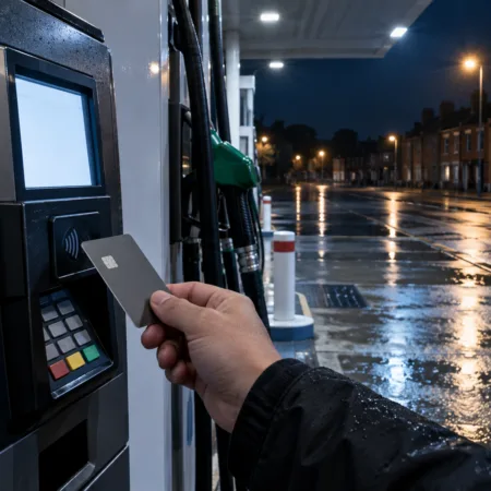 Płatność kartą przy terminalu na stacji paliw nocą