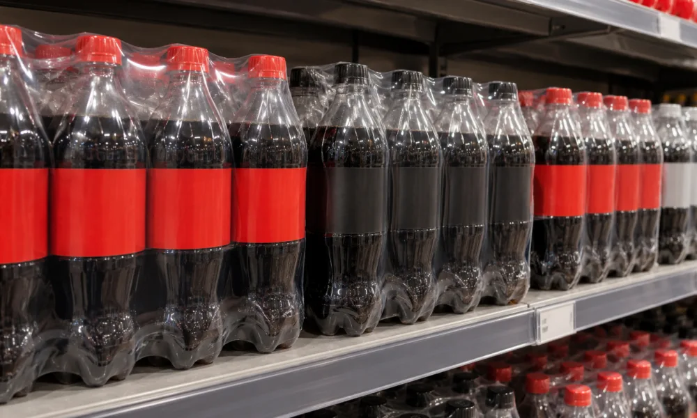 Zgrzewki małych butelek napoju typu cola na sklepowej półce