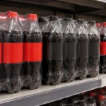 Zgrzewki małych butelek napoju typu cola na sklepowej półce