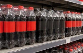 Zgrzewki małych butelek napoju typu cola na sklepowej półce