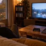 Salon w mieszkaniu wieczorem - kontroler do konsoli i puste pudełko po grze na stoliku, w tle telewizor