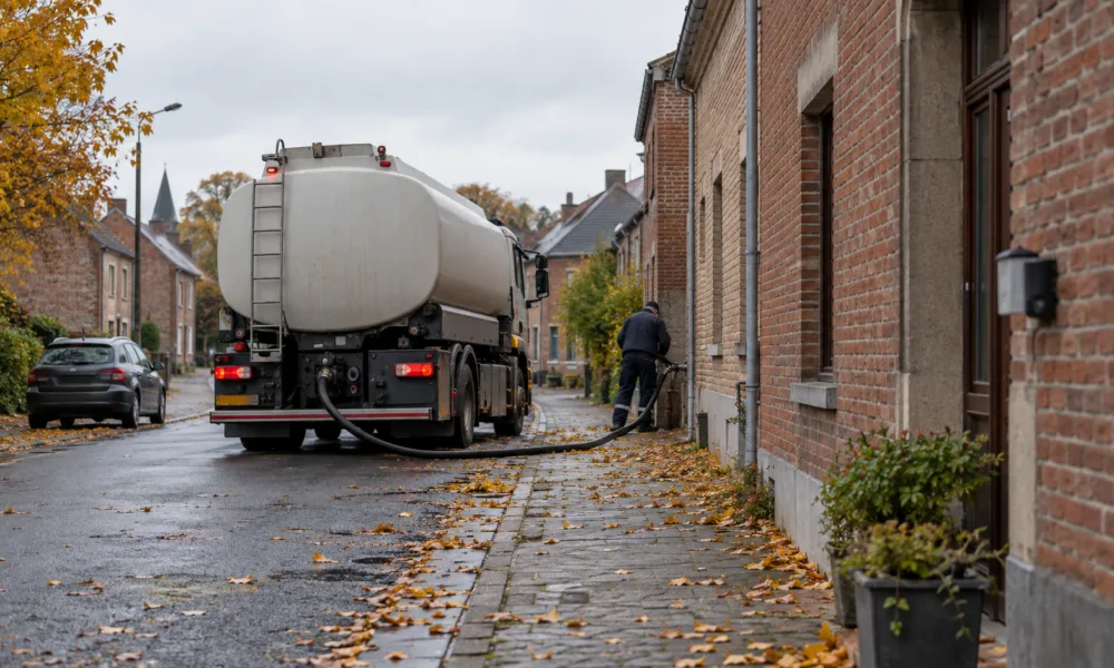 Dostawa oleju opałowego cysterną do domu na belgijskiej ulicy
