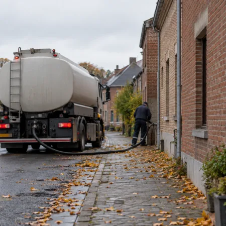 Dostawa oleju opałowego cysterną do domu na belgijskiej ulicy