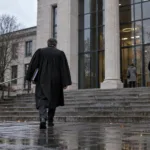 Adwokat w todze wchodzi po schodach do budynku sądu w pochmurny dzień
