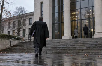Adwokat w todze wchodzi po schodach do budynku sądu w pochmurny dzień