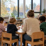 Nauczycielka z grupką dzieci na zajęciach językowych w szkole
