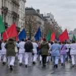 Pochód pracowników opieki w białych strojach z kolorowymi flagami na ulicy w Brukseli