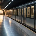 Peron brukselskiej stacji metra w dniu strajku, stojący pociąg metra i kilka osób w oddali widzianych od tyłu