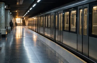 Peron brukselskiej stacji metra w dniu strajku, stojący pociąg metra i kilka osób w oddali widzianych od tyłu