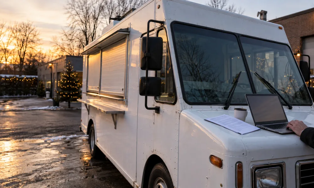 Biały food truck na parkingu z laptopem i wydrukiem umowy na masce