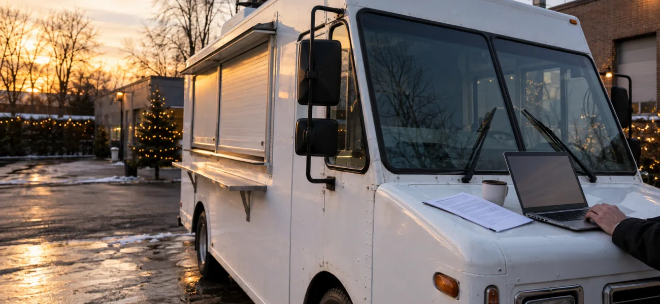 Biały food truck na parkingu z laptopem i wydrukiem umowy na masce