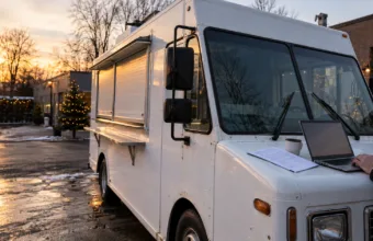 Biały food truck na parkingu z laptopem i wydrukiem umowy na masce