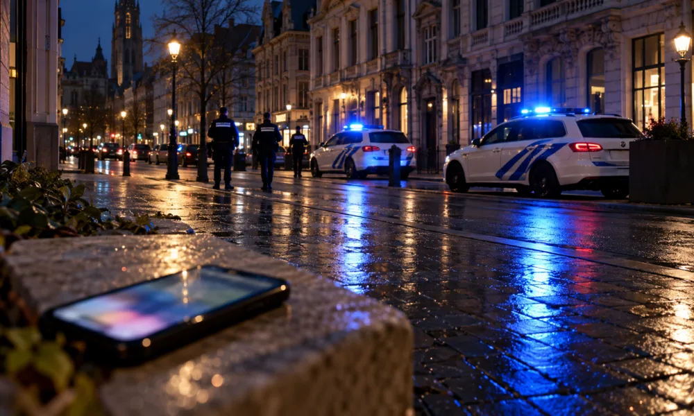 Radiowozy policji z niebieskimi światłami na mokrej ulicy w Antwerpii wieczorem, na murku smartfon