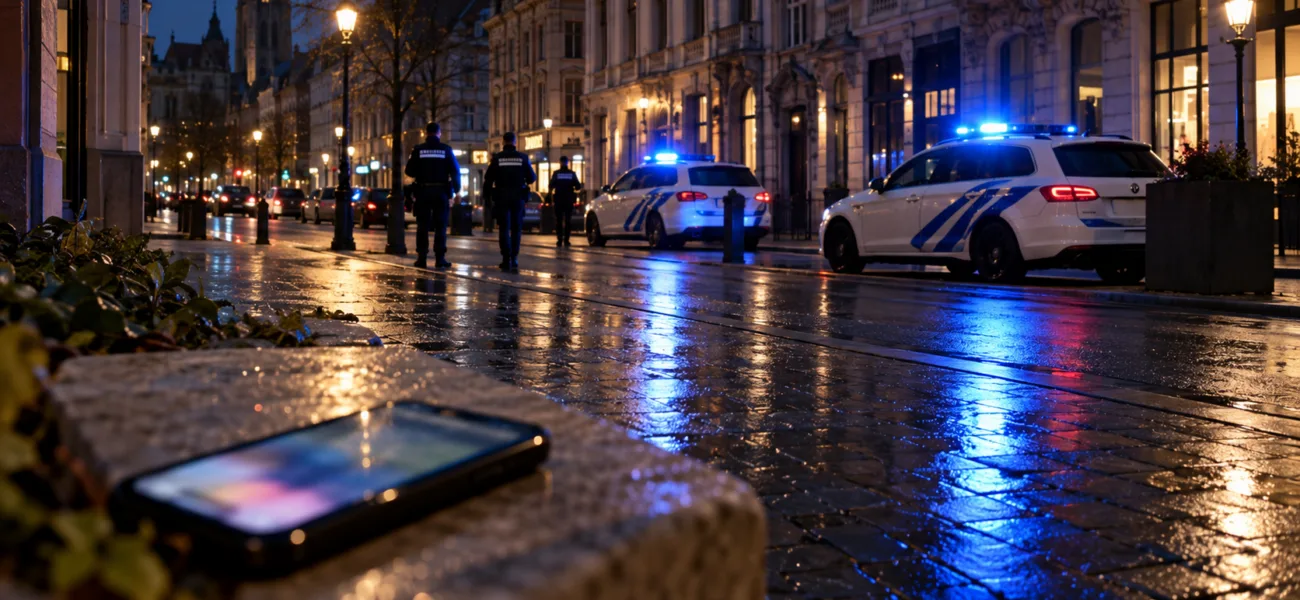 Radiowozy policji z niebieskimi światłami na mokrej ulicy w Antwerpii wieczorem, na murku smartfon