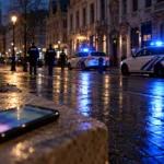 Radiowozy policji z niebieskimi światłami na mokrej ulicy w Antwerpii wieczorem, na murku smartfon