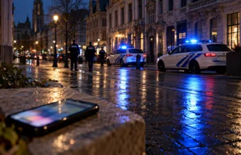 Radiowozy policji z niebieskimi światłami na mokrej ulicy w Antwerpii wieczorem, na murku smartfon