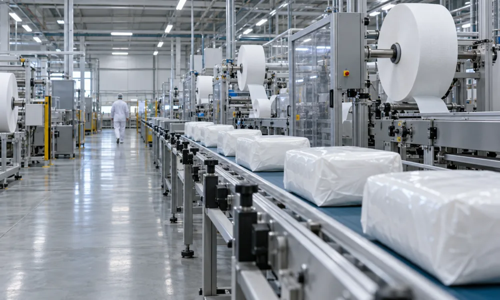 Hala produkcyjna fabryki pieluch z liniami produkcyjnymi i paczkami na taśmociągu