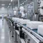 Hala produkcyjna fabryki pieluch z liniami produkcyjnymi i paczkami na taśmociągu