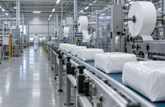 Hala produkcyjna fabryki pieluch z liniami produkcyjnymi i paczkami na taśmociągu