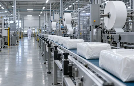 Hala produkcyjna fabryki pieluch z liniami produkcyjnymi i paczkami na taśmociągu