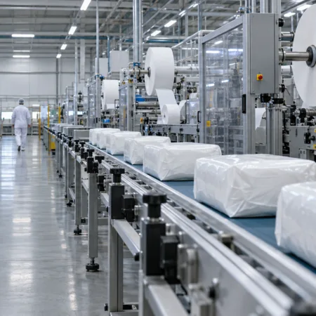 Hala produkcyjna fabryki pieluch z liniami produkcyjnymi i paczkami na taśmociągu