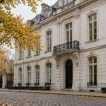Neoklasycystyczna kamienica przy ulicy obok parku Królewskiego w Brukseli jesienią