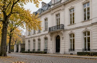 Neoklasycystyczna kamienica przy ulicy obok parku Królewskiego w Brukseli jesienią