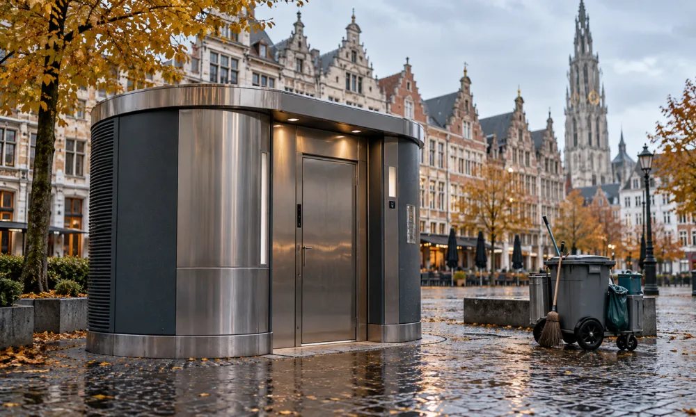 Nowoczesna toaleta publiczna na placu w Antwerpii, w tle kamienice i wieża katedry